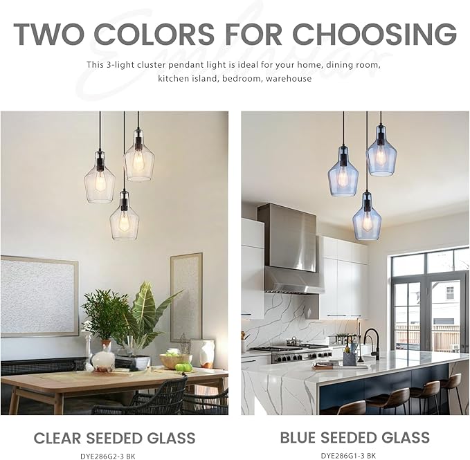 Emliviar 3-Light Cluster Pendant Light, Blue Hanging Pendant Lights with Seeded Glass for Kitchen Hallway Dining Room, DYE286G1-3 BK