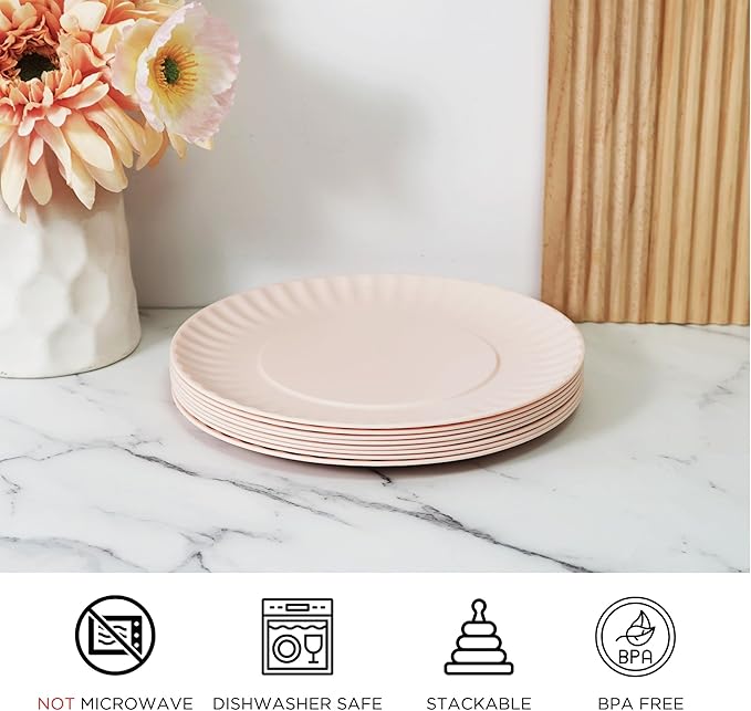 TP Melamine Plates Set of 8, 8-Inch Lightweight Reusable Plates for Picnic, Party, BBQ & Camping, Dishwasher Safe Tableware for Salads, Appetizers & Desserts, Light Pink