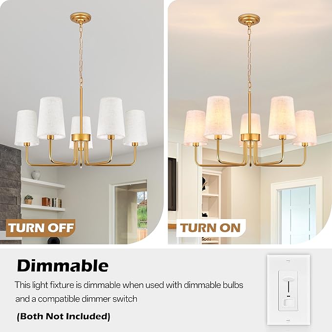 28" Gold Boho Fabric Chandelier for Living Room 5-Light Coastal Farmhouse Chandeliers for Dining Room Adjustable Rustic Boho Pendant Light Fixture Bedroom Kitchen Island Entryway Foyer