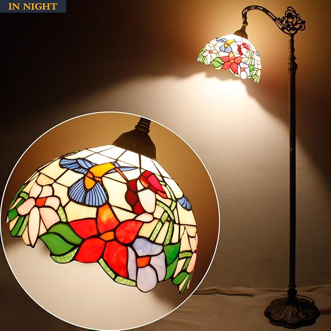 WERFACTORY Tiffany Floor Lamp Hummingbird Amber Stained Glass Arched Lamp 12X18X64 Inches Gooseneck Adjustable Corner Standing Reading Light Decor Bedroom Living Room S101 Series