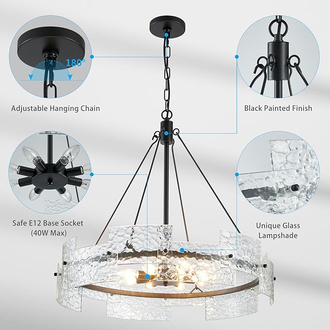 XINGQI Black Chandeliers for Dining Room Modern 8-Light Glass Farmhouse Pendant Lighting Fixtures Round Chandelier for Kitchen Island Living Room Entryway