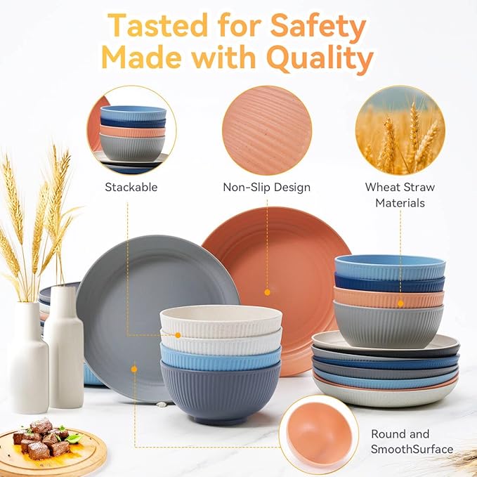 Wheat Straw Dinnerware Sets,48-Piece Plates and Bowls Sets for 6-Unbreakable,Reusable Plastic Dish Set-Dinner Plate/Dessert Plate/Cereal Bowl/Cup/Utensils-Microwavable Dishwasher Safe 48P-Deep Gray