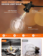 Kawaya Solar Powered String Lights for Outside, Outdoor IP65 Waterproof LED Patio Light with USB-Charging, Shatterproof Edison Hanging Lights for Bistro Yard Cafe Porch Camping (Solar-Powered 50FT)