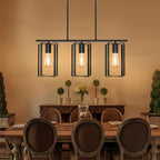 Farmhouse Kitchen Island Chandelier, 3-Light Adjustable Height Industrial Rustic Hanging Pendant Light Fixture with Flexible Shade, Linear Island Lighting for Dining Room Over Table Bar, Black