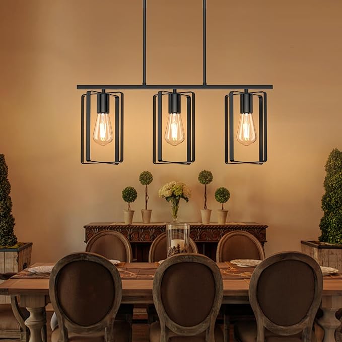 Farmhouse Kitchen Island Chandelier, 3-Light Adjustable Height Industrial Rustic Hanging Pendant Light Fixture with Flexible Shade, Linear Island Lighting for Dining Room Over Table Bar, Black