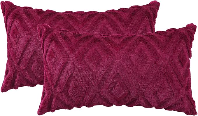 Pallene Christmas Burgundy Throw Pillow Covers 12x20 Set of 2, Soft Plush Faux Fur Decorative Lumbar Couch Pillow Covers for Sofa Bed Living Room Pillow Cases with 3D Diamond Pattern