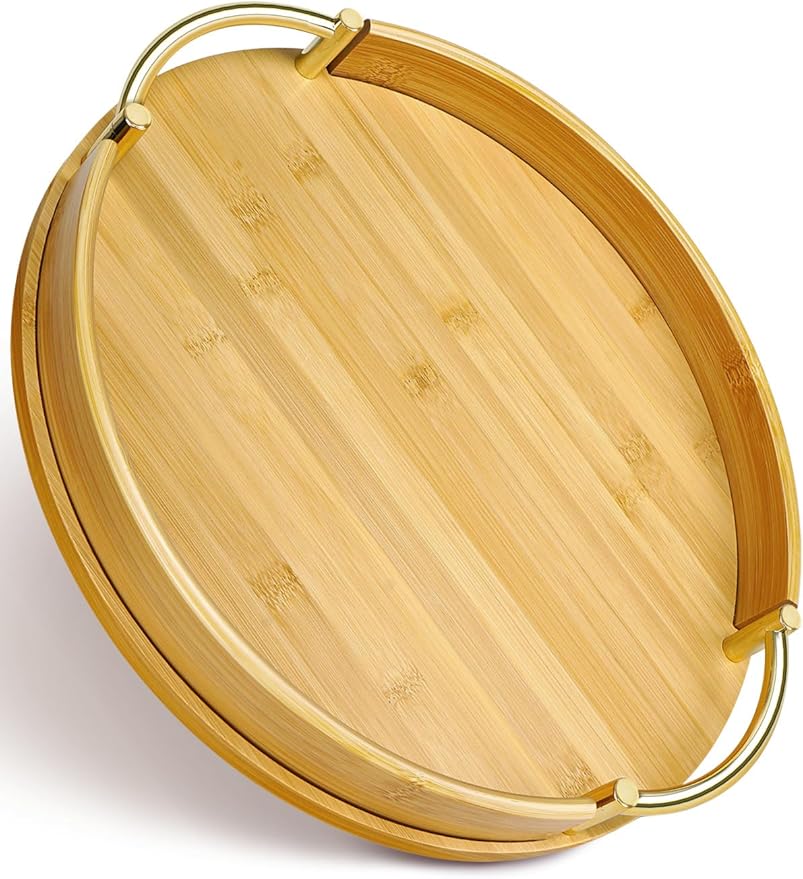 JUPELI 14″ Round Bamboo Serving Tray with Handles – Decorative Tray, Breakfast Tray, Coffee Table Tray, Ottoman Tray, Kitchen Platter for Drinks, Snacks, Vanity, Home Decor & Gifts