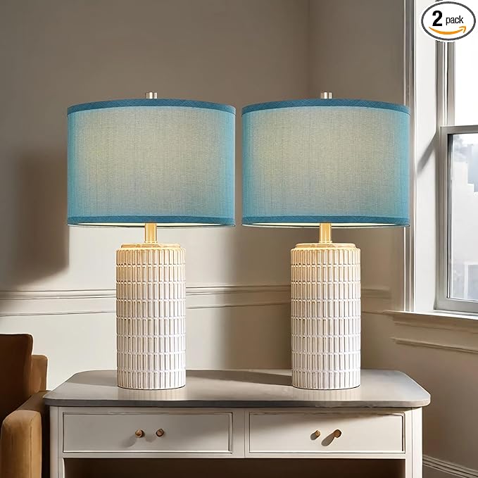 23" Modern Ceramic Nightstand Table Lamps Set of 2, Nautical Lamps for Bedroom Bedside, Side Table Lamps for Living Room, Dining Room, Office, 2 LED Bulbs Included (Blue)