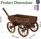 Wood Wagon Planter with Light for Outdoor Balcony Decor - Garden Rustic Wooden Flower Cart with Wheels for Outside Garden Decor Wheelbarrow Planter for Patio Christmas Decoration Gift Car