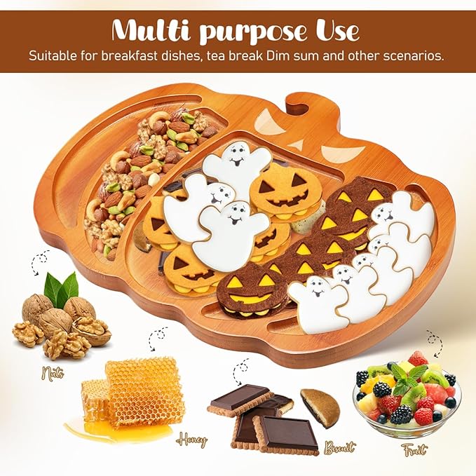 Ciieeo Halloween Pumpkin Charcuterie Board,14.9x11.4 Inches Pumpkin Shaped Serving Platter Sectional Bamboo Pumpkin Dish Plate for Fall Autumn Halloween Party,Thanksgiving Cheese Turkey Board