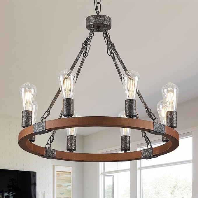 Farmhouse Wagon Wheel Chandelier 23.6" Black Rustic Light Fixtures 8-Light Wood Round Chandelier for Dining Room Kitchen Entryway Foyer