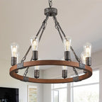 Farmhouse Wagon Wheel Chandelier 23.6" Black Rustic Light Fixtures 8-Light Wood Round Chandelier for Dining Room Kitchen Entryway Foyer
