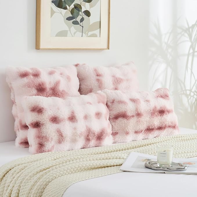 FUTEI Pink White Decorative Throw Pillow Covers 16x16 Inch Set of 2,Soft Fuzzy Faux Rabbit Fur Cushion Covers with Raised Texture,Neutral Boho Home Decor for Couch Bed Living Room