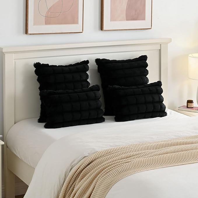 FUTEI Black Decorative Throw Pillow Covers 18x18 Inch Set of 2, Square Soft Faux Rabbit Fur Big Plaid Cushion Cover,Home Decor for Couch Sofa Bed Living Room