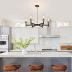 6 Light Dining Room Light Fixture Black & Brushed Brass Gold Farmhouse Chandelier Over Table Modern Hanging Pendant Lighting for Living Room Foyer Kitchen Adjustable Height E26 Socket