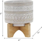 Sagebrook Home Ceramic Planter with Stand - Decorative Stoneware Plant Pot with Bamboo Wood Base - Boho Style Indoor & Outdoor Garden Decor for Home & Office - 8" Ivory & Tan