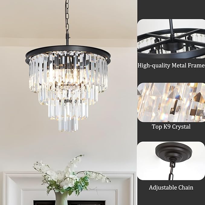 Black Crystal Chandeliers for Dining Room, 4-Tier 5 Lights Modern Chandelier Contemporary Luxury Top K9 Crystal Ceiling Pendant Light Fixture for Foyer Kitchen Bedroom Closet 18"