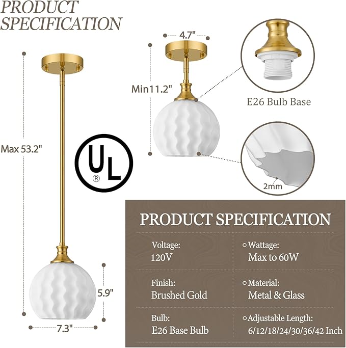 Milk Glass Pendant Lights Kitchen Island 2 Pack, 7.3" Brushed Gold Modern Pendant Light Fixtures with Rods, Globe Hanging Lighting for Kitchen Sink Bathroom Dining Room, E26 Base