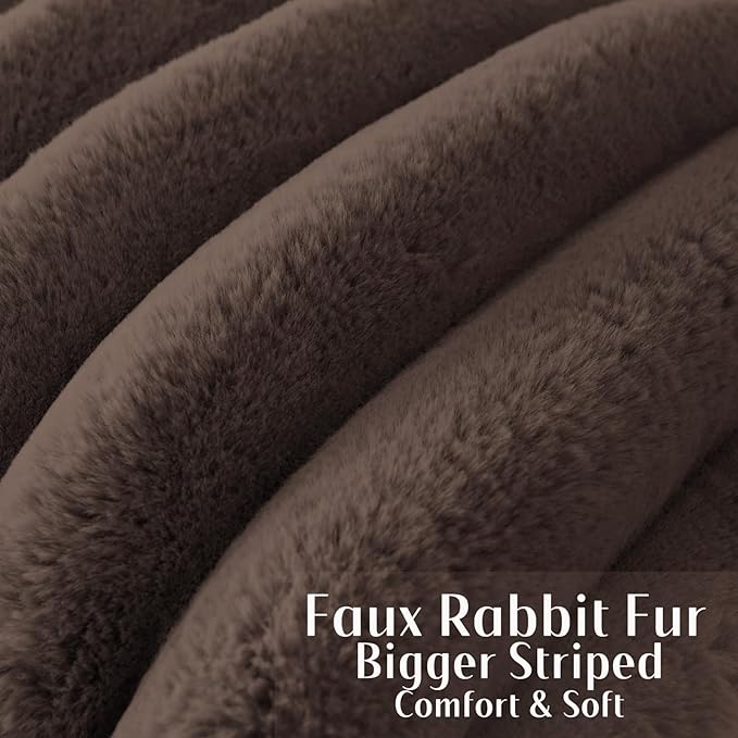 FUTEI Dark Coffee Decorative Throw Pillow Covers 20x20 Inch Set of 2, Square Soft Faux Rabbit Fur Big Striped Cushion Cover,Home Decor for Couch Sofa Bed Living Room