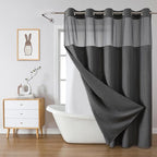 Charcoal Grey Long No Hook Waffle Weave Shower Curtain with snap-in Liner Replacement, 230GSM Waterproof Fabric Hotel Shower Curtain Set for Bathroom, Through Mesh Top Window,71Wx80H