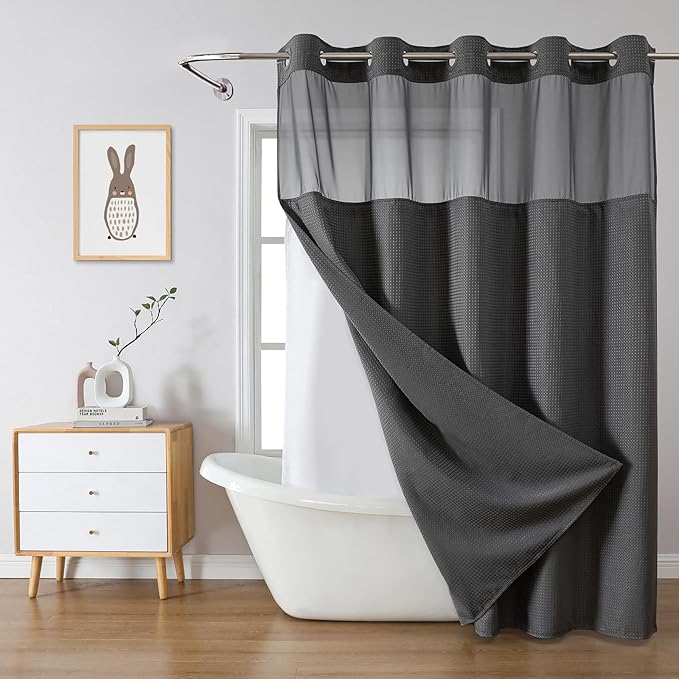 Charcoal Grey No Hook Waffle Weave Shower Curtain with snap-in Liner Replacement, 230GSM Waterproof Fabric Hotel Shower Curtain Set for Bathroom, Through Mesh Top Window,71Wx74H