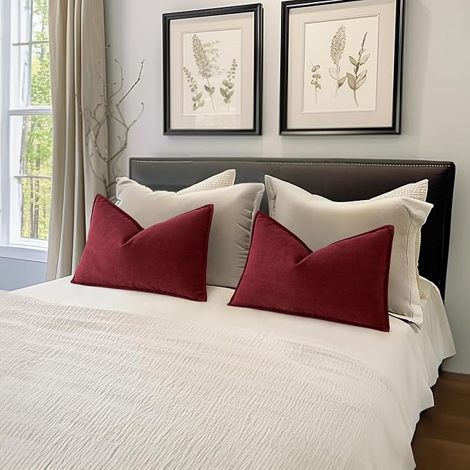 MIULEE Pack of 2 Christmas Burgundy Decorative Lumbar Pillow Covers 12x20 Inch Soft Chenille Luxurious Couch Throw Pillows Farmhouse Cushion Covers with Elegant Design for Sofa Bedroom Home Decor