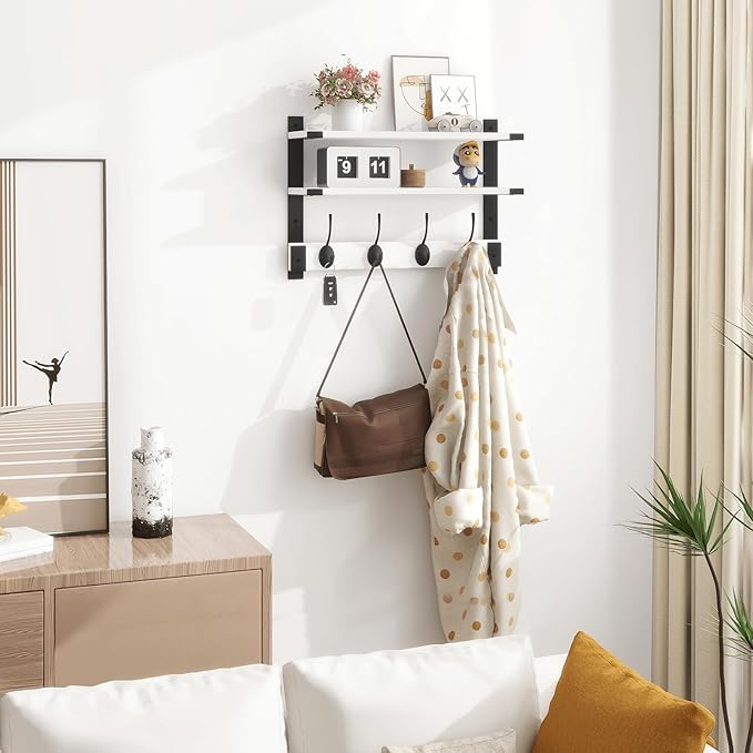 Homode Two-Tier Coat Rack with Shelf, 17 Inch Wood Coat Hanger Wall Mount, Entryway Wall Shelf with Heavy Duty Key Hooks, Hanging Storage Shelves for Display Books Plants Photos, White