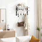 Homode Two-Tier Coat Rack with Shelf, 17 Inch Wood Coat Hanger Wall Mount, Entryway Wall Shelf with Heavy Duty Key Hooks, Hanging Storage Shelves for Display Books Plants Photos, White