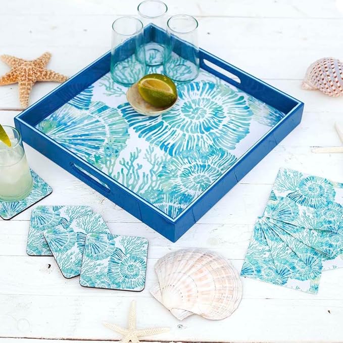 rockflowerpaper Nautilus Shells 15inch Square Lacquered Wooden Serving Tray with Handles, Coffee Table Ottoman Tray for Dining. for Food, Drinks, Cocktail, Great for Parties, Entertaining & Gift