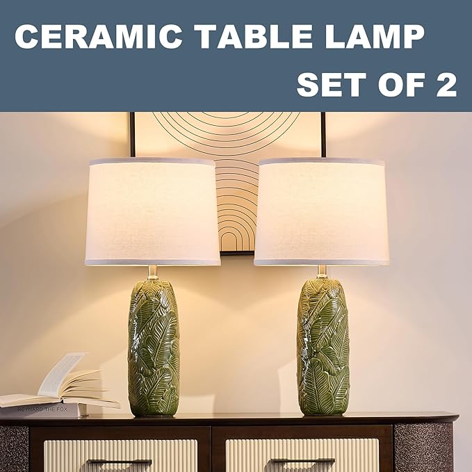 Table Lamps Set of 2, 25 inch Modern Green Ceramic with Leaf Embossed Base and White Linen Shade, Farmhouse & Modern Bedside Lamp for Bedroom, Living Room, Office