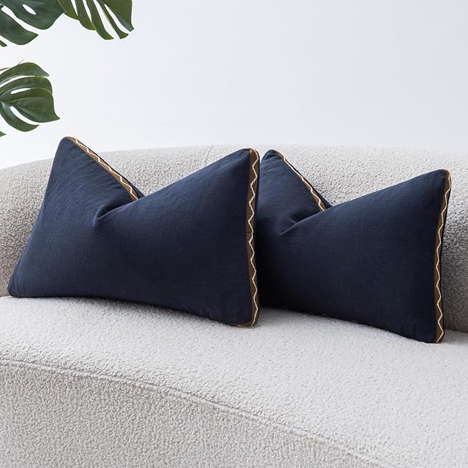 Decorative Neutral Linen Throw Pillow Covers 12x20 Inch Set of 2, Navy Blue Boho Farmhouse Pillow Covers with Braid Fringe for Sofa Bed Modern Couch Pillow Cases for Organic Home Decor