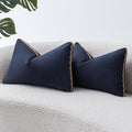 Decorative Neutral Linen Throw Pillow Covers 12x20 Inch Set of 2, Navy Blue Boho Farmhouse Pillow Covers with Braid Fringe for Sofa Bed Modern Couch Pillow Cases for Organic Home Decor