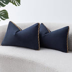 Decorative Neutral Linen Throw Pillow Covers 12x20 Inch Set of 2, Navy Blue Boho Farmhouse Pillow Covers with Braid Fringe for Sofa Bed Modern Couch Pillow Cases for Organic Home Decor