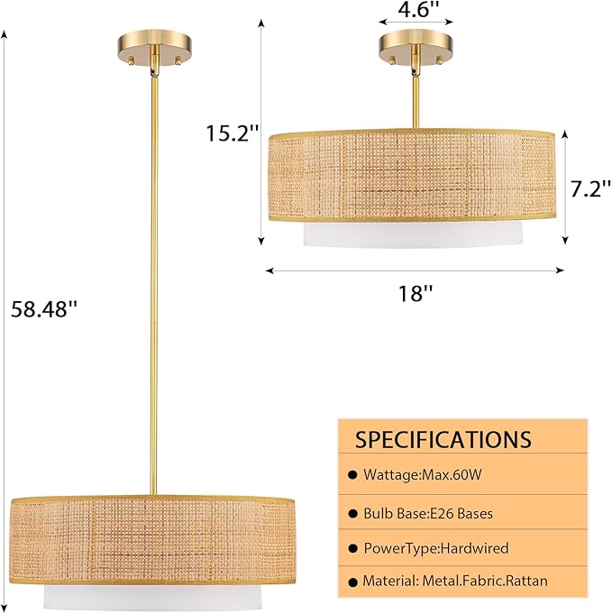 18'' Rattan Farmhouse Chandelier, 3-Lights Boho Large Pendant Light Fixture,Hand Woven Chandeliers for Dining Room with Fabric Shade, Hanging Rattan Drum Light Fixtures for Kitchen Hallway