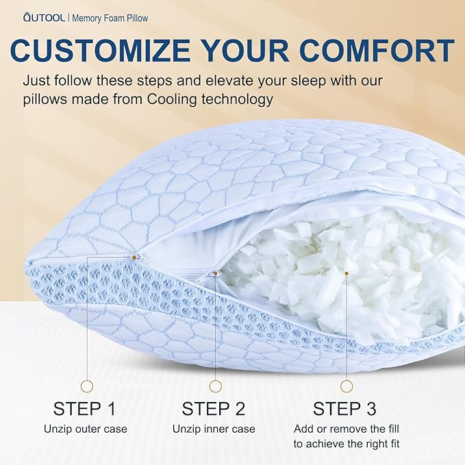 QUTOOL Enhanced Cooling Pillows for Sleeping, Shredded Memory Foam Pillows 2 Pack, Bed Pillows Standard Size Set of 2, Support Yet Soft Pillow for Side, Back Sleepers