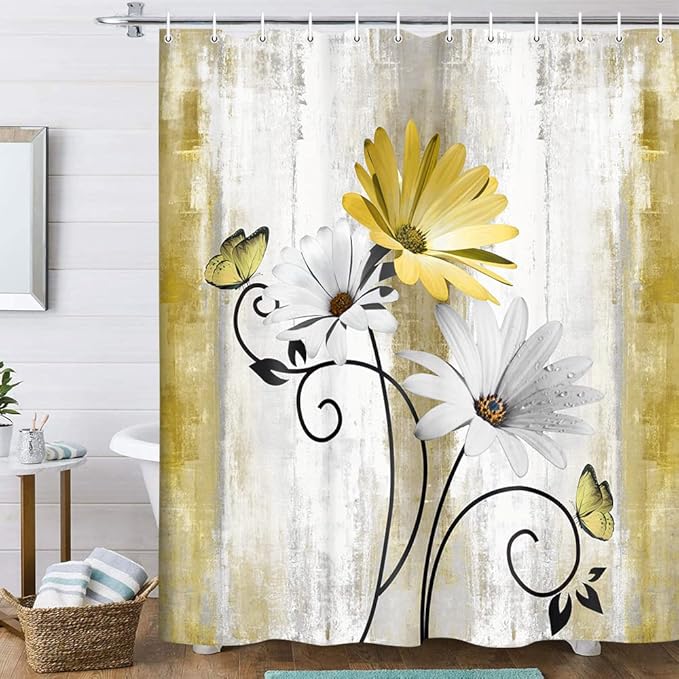 Rustic Farmhouse Shower Curtain, Farm Yellow Daisy Floral Flowers and Butterfly on Country Wooden Shower Curtain for Bathroom, Yellow Bathroom Shower Curtains with 12PCS Hooks, 70X84IN