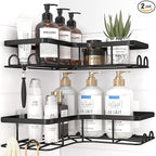 Corner Shower Caddy - 2 Pack, Adhesive Shower Organizers, Rustproof Stainless Steel Shower Shelves with 8 Hooks, No Drilling Bathroom Organizers and Storage Racks, Space-Saving, Black, Large