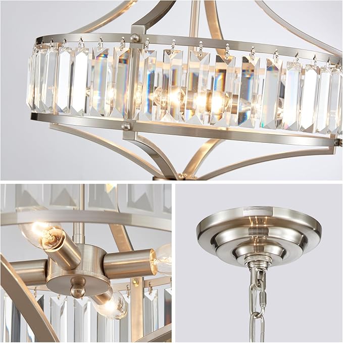 XINGQI Round Crystal Chandeliers for Dining Room Modern 4-Light Rustic Farmhouse Light Fixture Brushed Nickel Pendant Lighting for Living Room Kitchen Island Bedroom