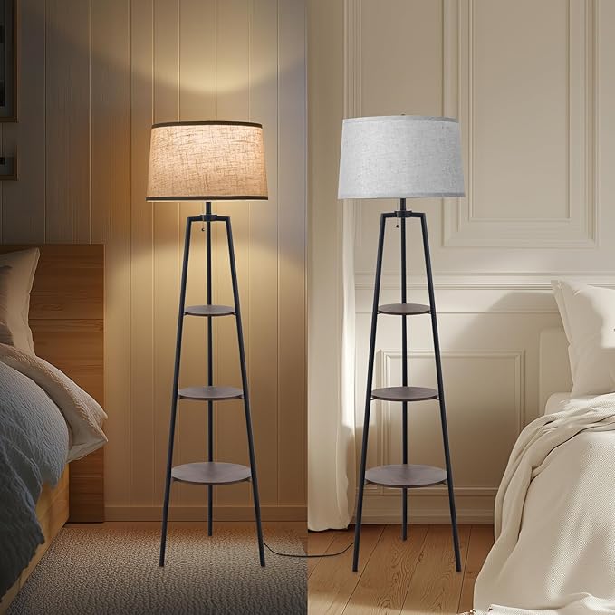 3 Tier Shelf Floor Lamps for Living Room, Modern Standing Lamp with 3 Color Temperature Led Bulb, Tall Lamps for Bedroom and Office, Walnut
