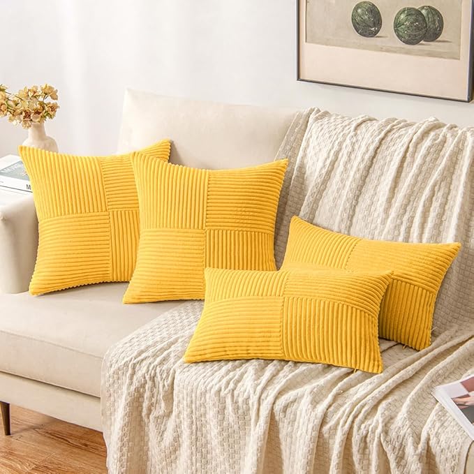 MIULEE Golden Yellow Corduroy Pillow Covers Pack of 2 Boho Decorative Spliced Throw Pillow Covers Solid Couch Pillowcases Cross Patchwork Textured Cushion Covers for Living Room Bed Sofa 18x18 inch