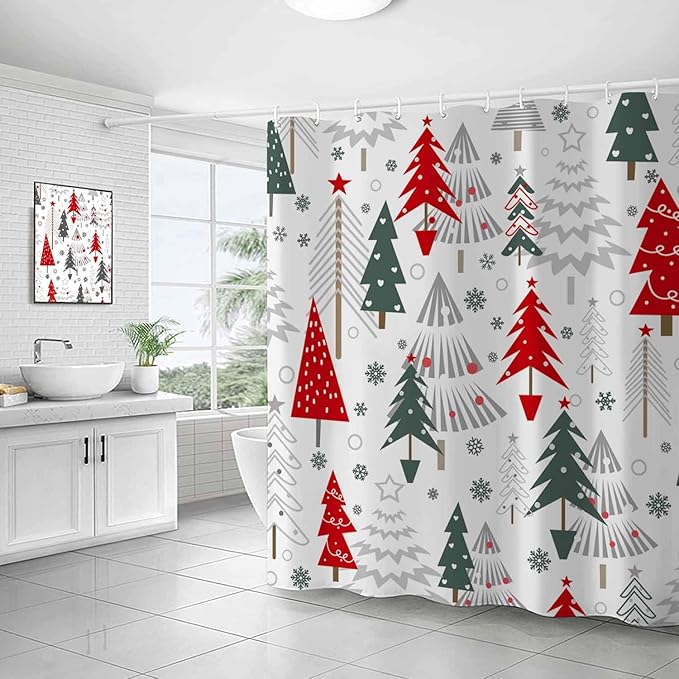 Christmas Shower Curtain Merry Xmas Tree Shower Curtains Sets Winter Farmhouse Holiday Polyester Waterproof Fabric Washable Decorative Bathroom Curtain 72" x 72" with 12 Hooks