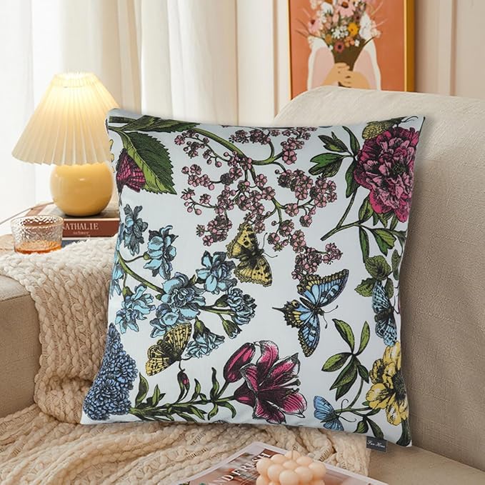 Water Resistant Outdoor Throw Pillows for Patio Furniture,18x18 Inch Decorative Pillows Set of 2 with Insert,Hidden Zipper Headrests for Sofa Couch Chair(Butterfly Flower)