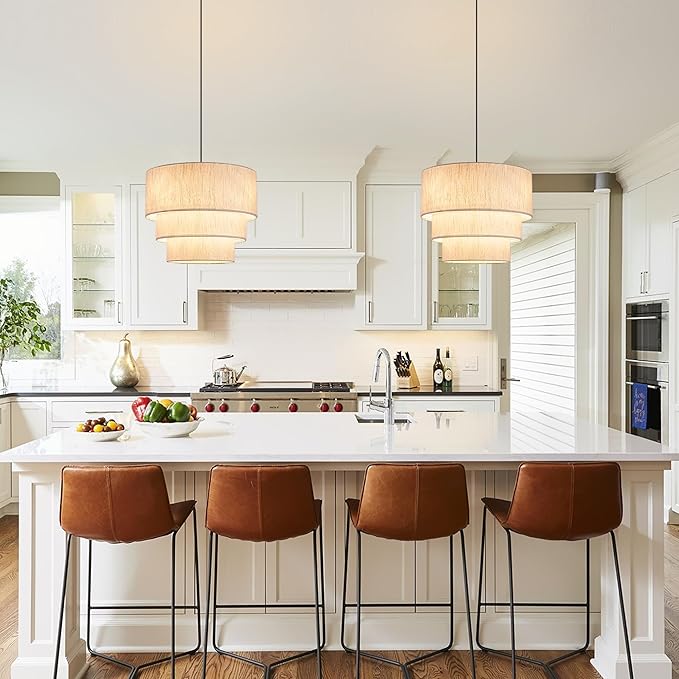 19.7" Linen Drum Pendant Light, Drum Light Chandelier Pendant Lights Kitchen Island Lighting, 3 Tier Large Farmhouse Pendant Hanging Light Dining Room Pendant Chandelier for Foyer Hallway