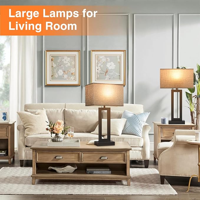 22" Tall Modern Living Room Lamps - Touch Bedside Lamps with USB C+A, 3 Way Dimmable for End Tables - Set of 2 (Grey & Black)