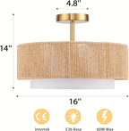 SineRise 16'' Rattan Flush Mount Ceiling Light Fixture,2-Tier Drum Hand-Woven Boho Flush Mount Ceiling Light,Farmhouse Light Fixture for Living Room,Kitchen,Bedroom Foyer Entryway ect.