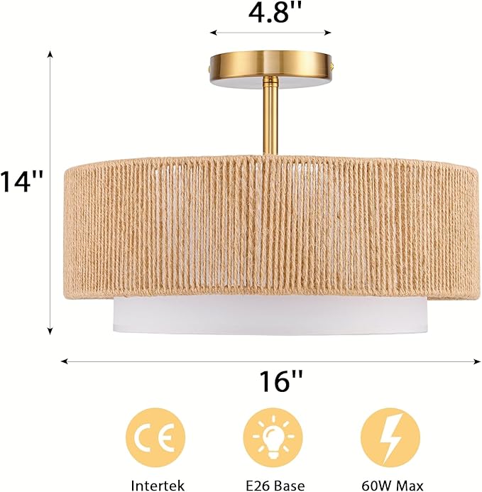 SineRise 16'' Rattan Flush Mount Ceiling Light Fixture,2-Tier Drum Hand-Woven Boho Flush Mount Ceiling Light,Farmhouse Light Fixture for Living Room,Kitchen,Bedroom Foyer Entryway ect.