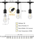 Outdoor String Lights Waterproof with 16 Bulbs 1.6FT Spacing, 25FT Patio Lights, 120V LED Hanging Lights for Porch, Balcony, Gazebo, Yard, Garden, Backyard, Camping and Party Decor