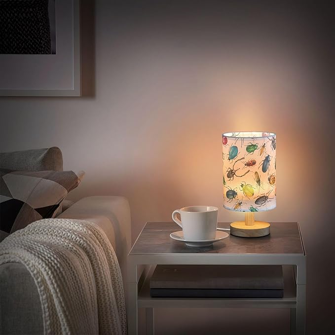 Table Lamp Watercolor Insect Beetle Pattern Nightstand Lamp with Wood Base Fabric Lamp Shade Bedside Desk Lamp for Living Room Bedroom Kids Room Office
