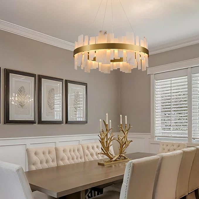 Alabaster Round Chandelier, 32 Inch Natural Spanish Marble Stone Texture Chandeliers, Dimmable Dining Room Chandelier over Table, Modern Luxury Lighting for Living Room, Bedroom, Entryway, Foyer