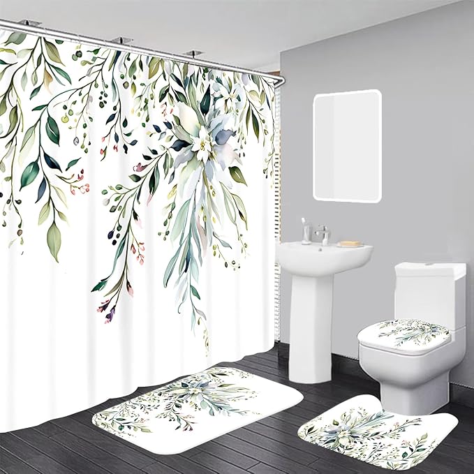 Elegant Floral Shower Curtain Sets with 12 Hooks, Bath Mat, Toilet Lid Cover, U Shaped Rugs, Watercolor Plant Green Leaves Waterproof, Washable Fabric,70.8 x 70.8 inches.